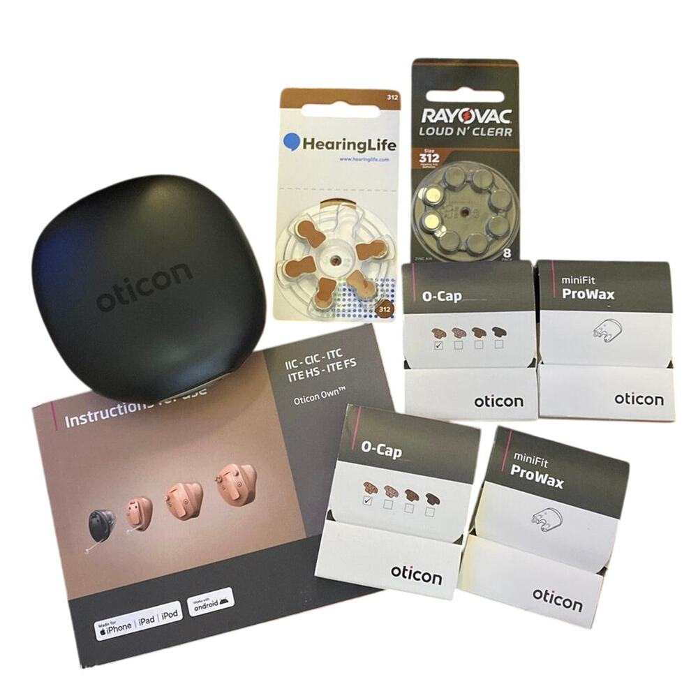 OTICON Accessories - Case, 312 Batteries, O-caps, miniFit ProWax, and Box